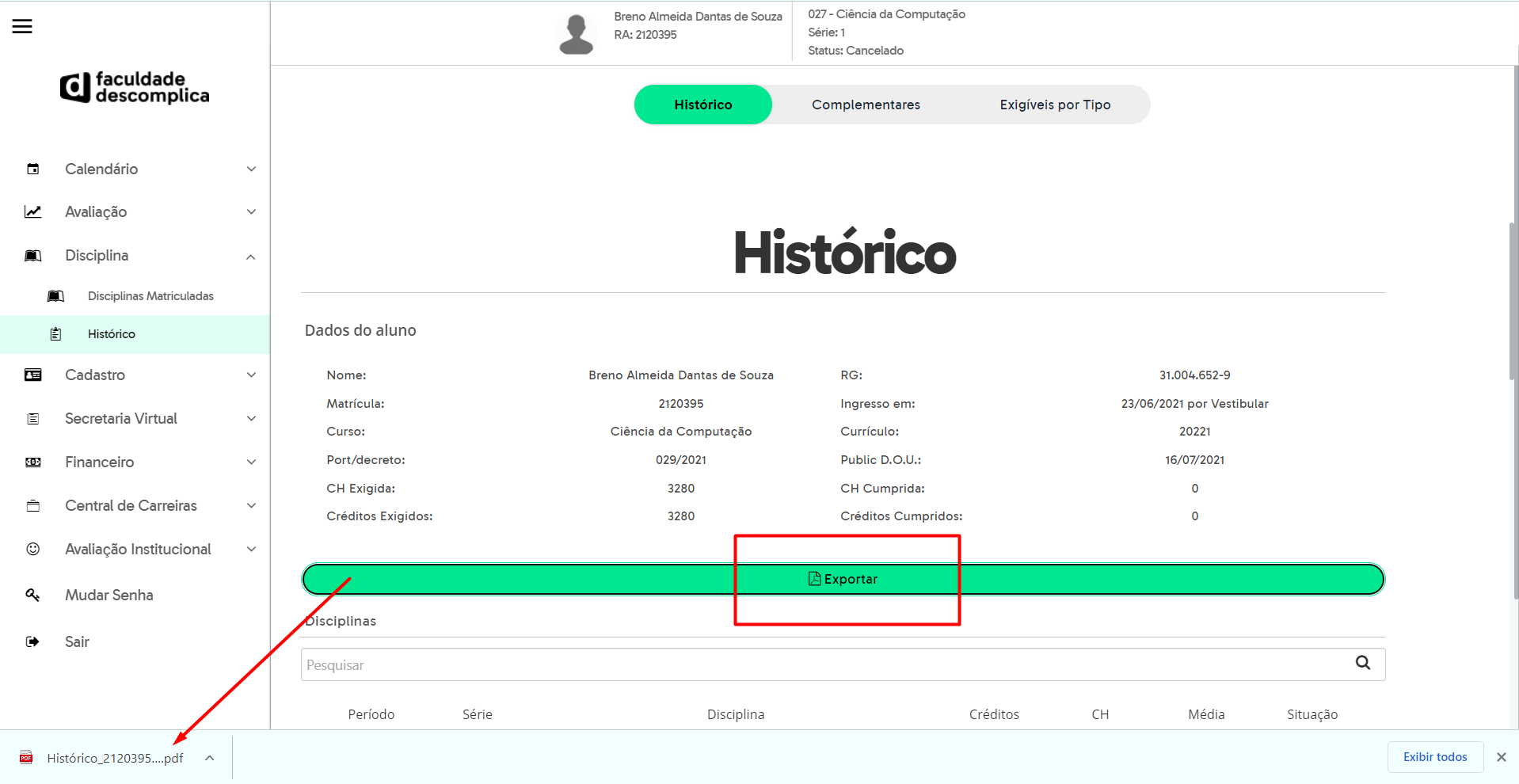 Como baixar o meu histórico acadêmico?